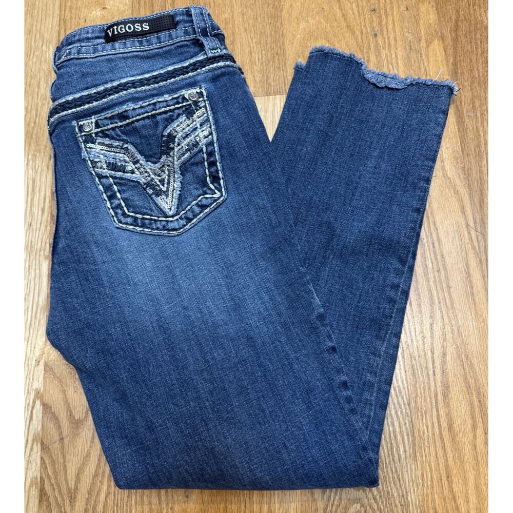 Vigoss Chelsea Capri Heritage Fit Bling Mediumwash Fade Stretch Women's Sz 1-2
